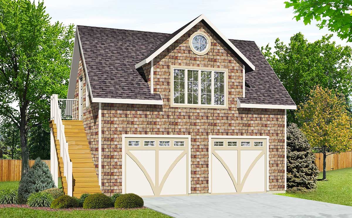 House plan exterior features two garage doors, cedar shake siding, a circular attic window, and a side staircase to a deck.