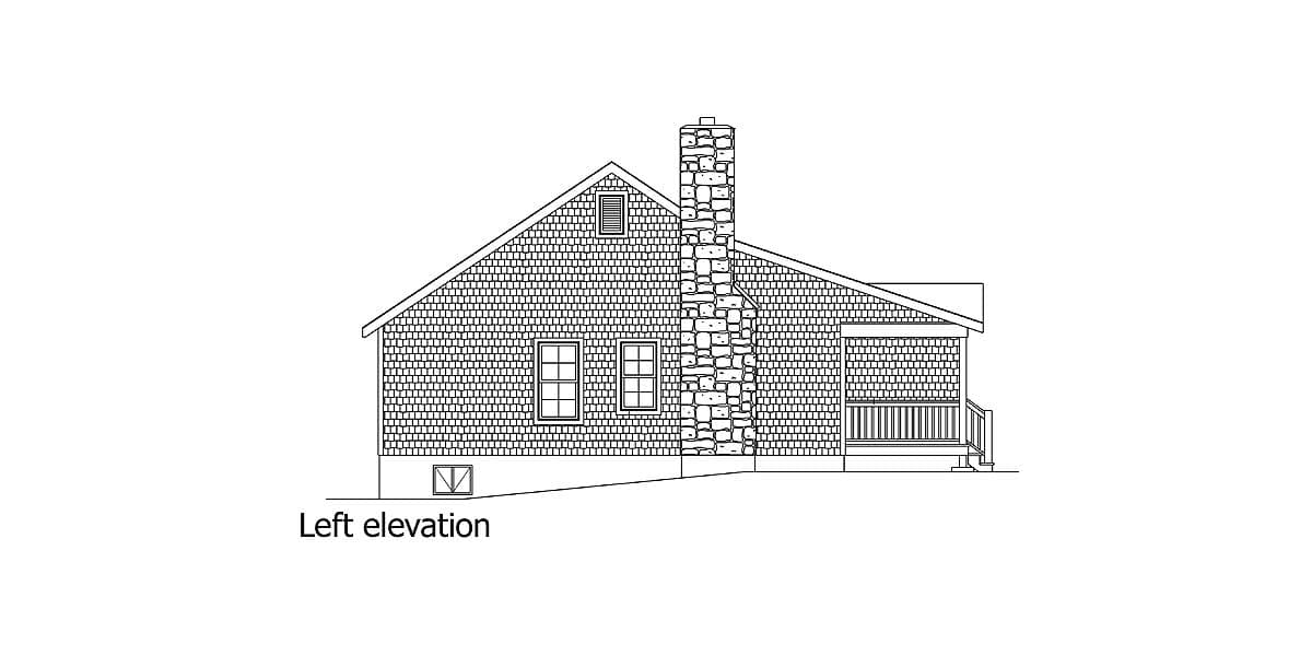Left elevation drawing of a house with a prominent stone chimney, two windows, and a porch with railings.