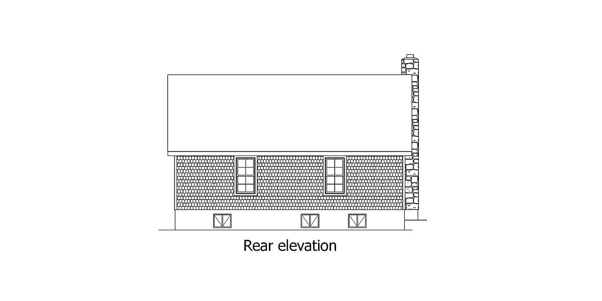 Rear elevation drawing of a house with a stone chimney, clapboard siding, and three lower windows.