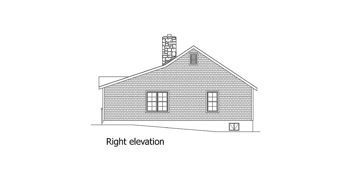 Right elevation drawing of a house plan with shingle siding, a stone chimney, and two windows on the main level.
