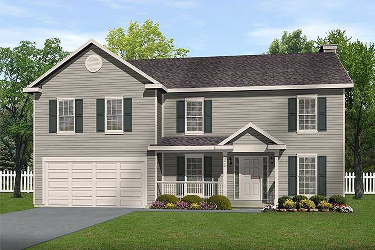 Two-story house plan exterior with a side-entry garage, gabled dormer over the front entrance, and a covered porch.