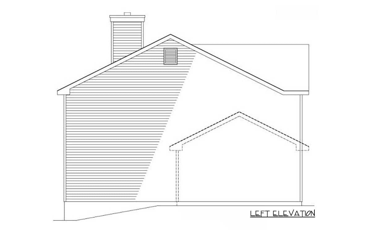 Left elevation drawing of a house plan showing a gabled roofline, siding, and a chimney.