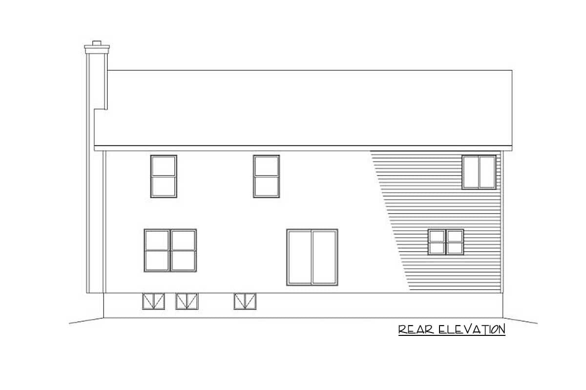 Rear elevation house plan: two-story, hip roof, chimney, several windows, and horizontal siding detail.