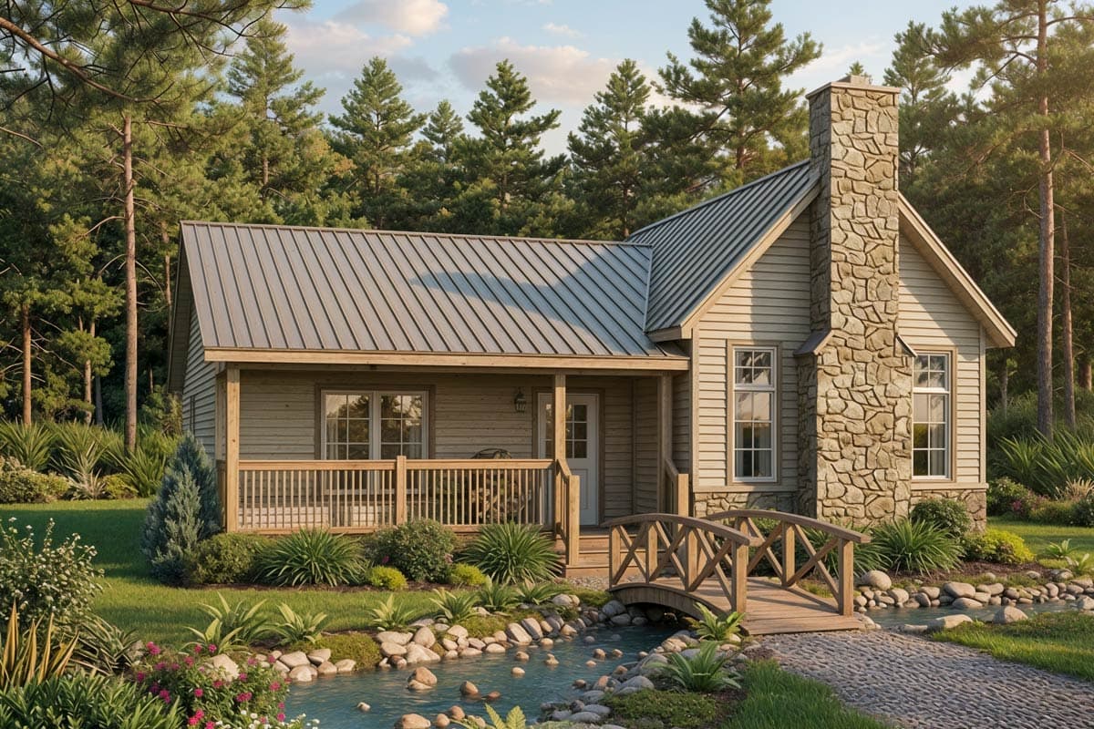 House plan exterior: Single-story cottage with covered front porch, stone chimney, and gable roof.