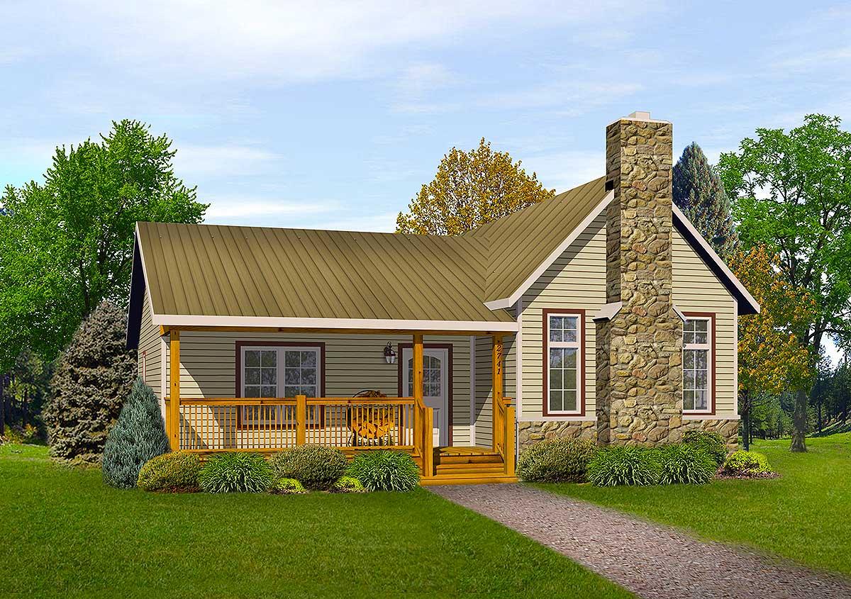 House plan exterior: Single-story cottage with covered front porch, stone chimney, and gable roof.