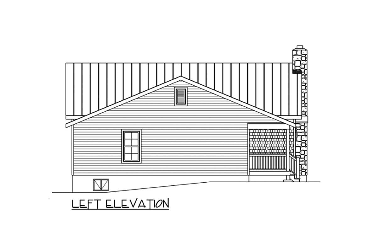 Left elevation house plan showing siding, gable vent, window, covered porch, and stone chimney.
