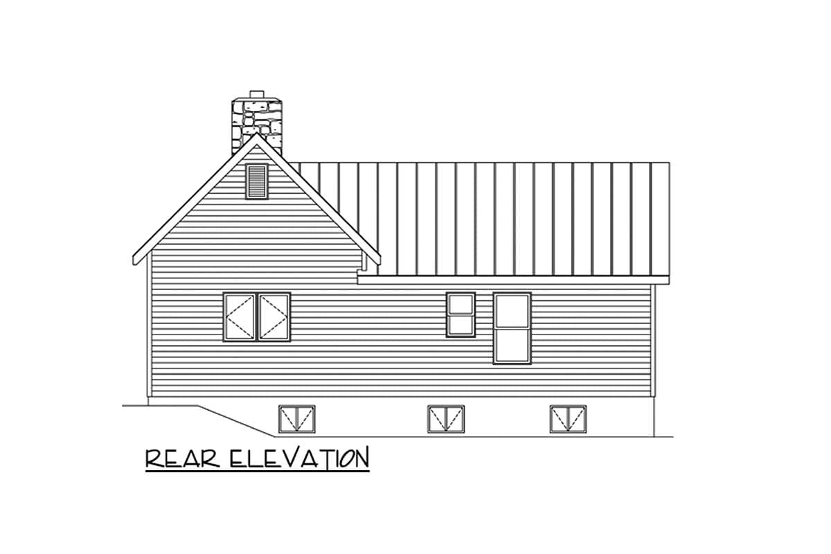 Rear elevation drawing of a house with a stone chimney, gable vent, and metal roof.