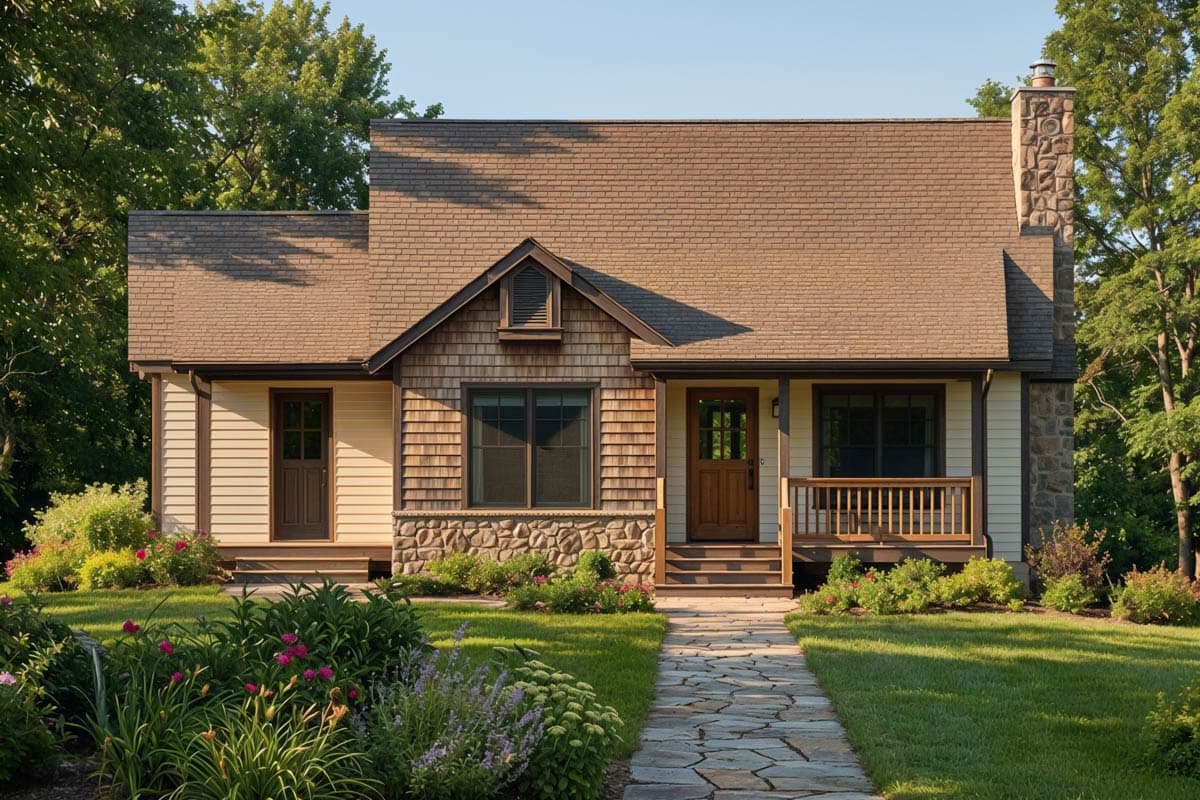 House plan exterior for a one-story home with a prominent stone chimney, front porch, and multiple gables.