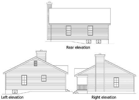 Rear, left, and right elevation drawings of a house plan featuring a prominent chimney, gabled roof, and dormer window.