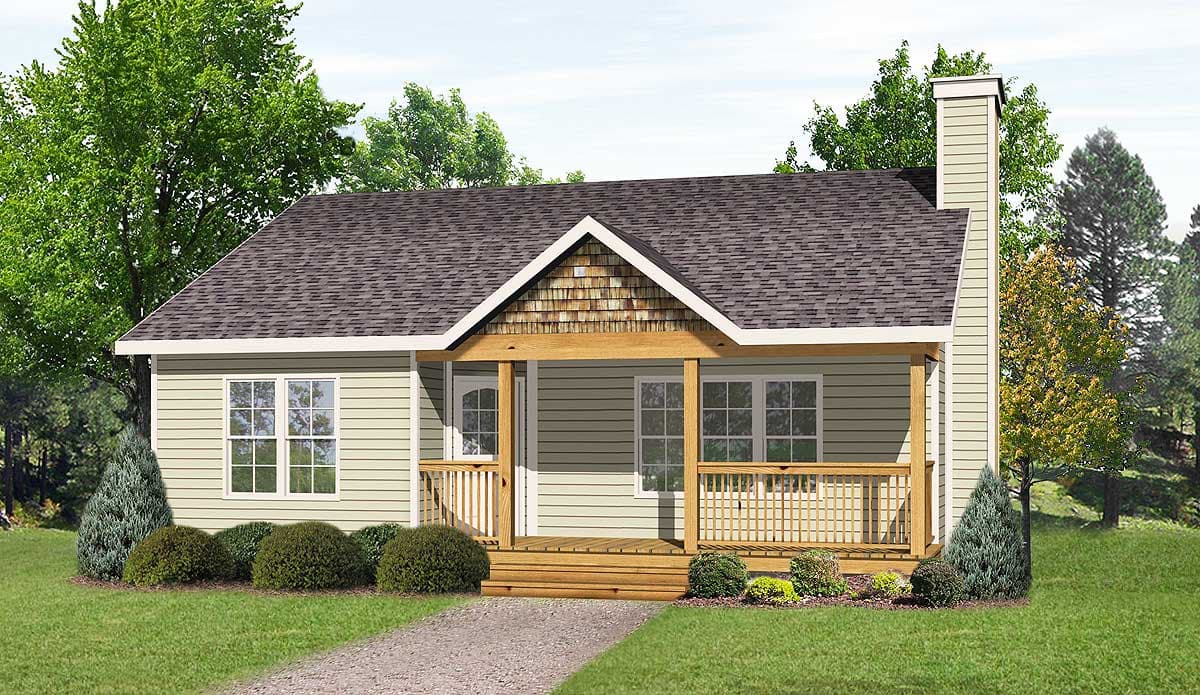 House plan exterior: Single-story house with front porch, gabled roof, cedar shingles, and a prominent chimney.