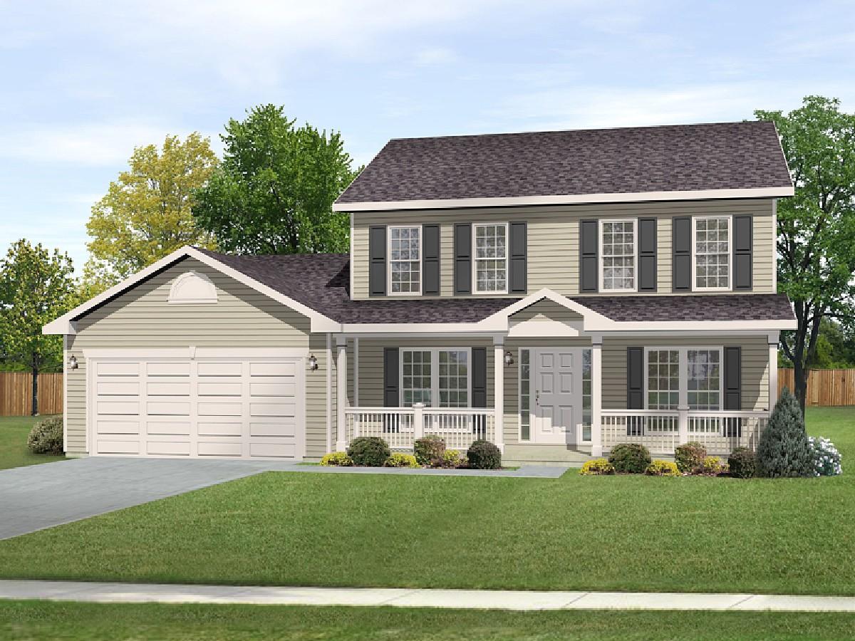 Two-story house plan exterior with a covered porch, symmetrical window placement, and a three-car garage.