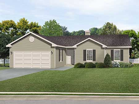 House plan exterior: single-story ranch with attached two-car garage, gable roofline, and front entrance porch.