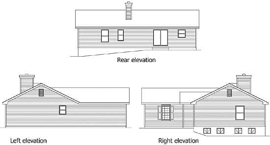Floor plan drawing showing rear, left, and right elevations of a one-story house with a gable roof, chimney, and sliding glass doors.