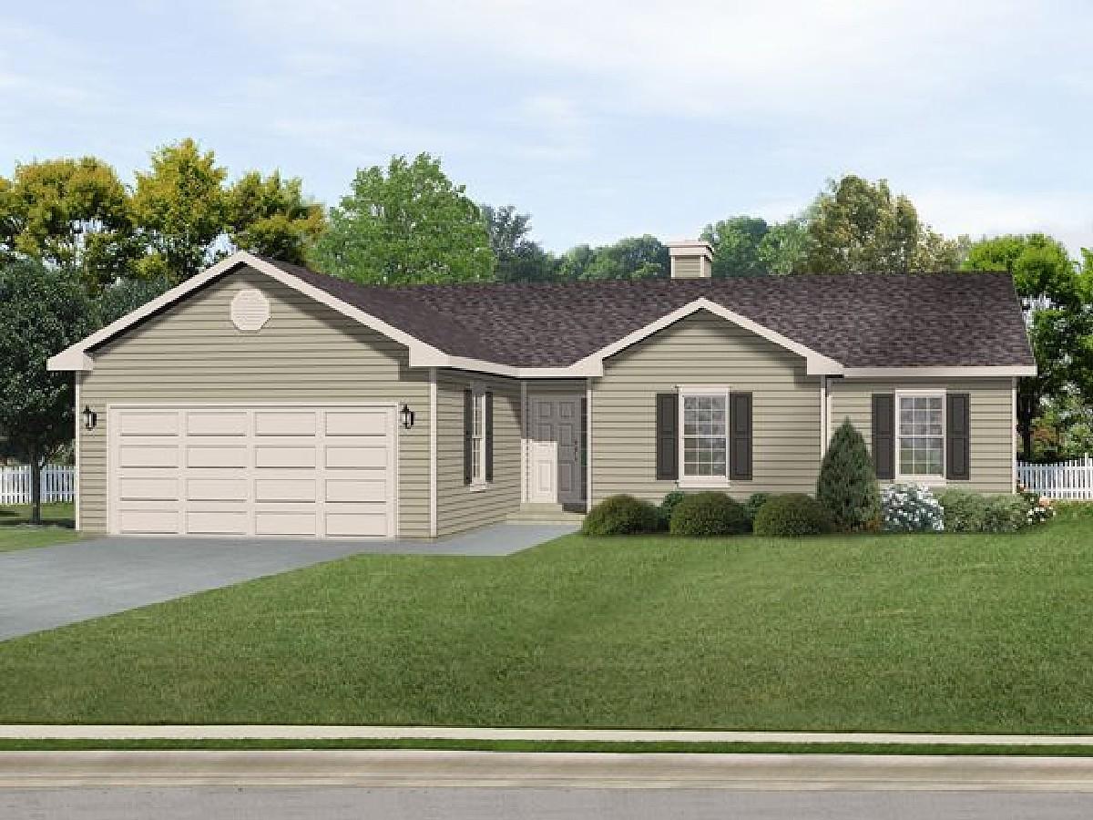 Ranch-style house plan exterior with attached two-car garage, gabled roof, and visible central gable vent.