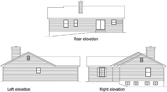 Rear, left, and right elevations of a house plan featuring a chimney, sliding door, and numerous windows.
