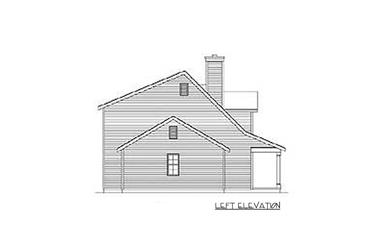 Left elevation house plan drawing shows a two-story structure with a prominent chimney, multiple gables, and a covered porch.