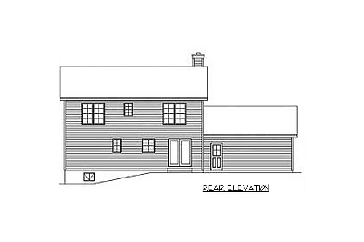 Rear elevation drawing of a two-story house with a garage, showing double doors and multiple windows.