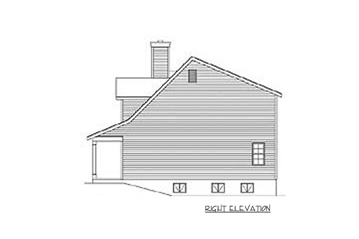 Right elevation drawing of a house plan, featuring a pitched roof, chimney, and visible window and foundation vents.