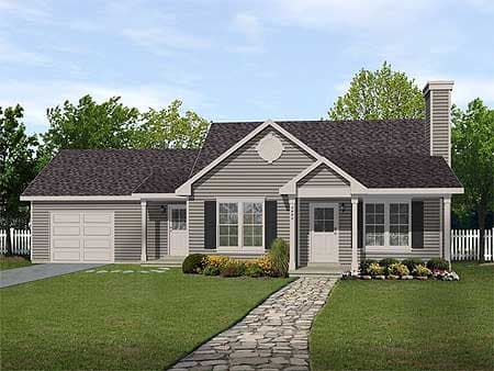 Ranch house plan exterior with attached garage, central gable, covered front entry, and prominent chimney.