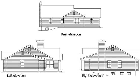 Rear, left, and right elevations of a one-story house plan with a prominent chimney, gables, and dormers.