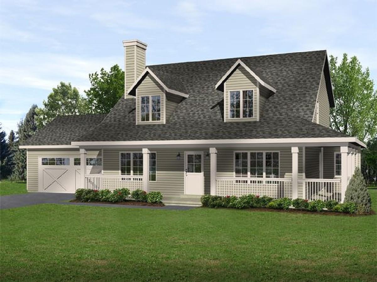House plan exterior: Two-story Modern Farmhouse with wrap-around porch, prominent gable dormers, and attached garage.