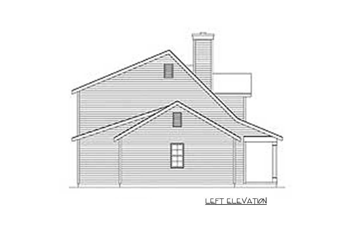 Left elevation house plan showing a two-story building with gables, dormers, a chimney, and a covered porch.