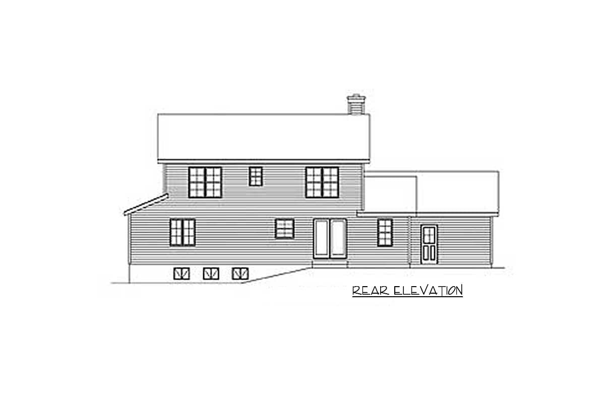 Rear elevation drawing of a two-story house with double doors, multiple windows, and a chimney.