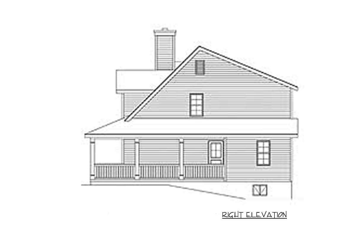 Right elevation drawing of a two-story house plan with a full-width covered porch and a prominent chimney.