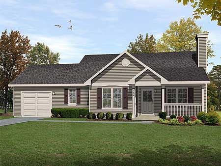 Ranch style house plan exterior with attached garage, gable rooflines, front porch with railing, and a prominent chimney.