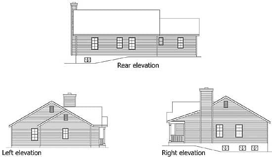 Rear, left, and right elevations of a one-story house plan featuring a gabled roof, chimney, and porch.