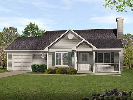 House plan exterior: Single-story ranch with attached garage, front porch with white railing, and prominent chimney.