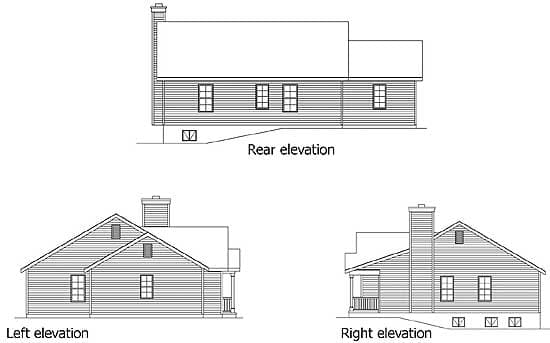 House plan: rear, left, and right elevations showing a single-story structure with a prominent chimney and gabled dormers.