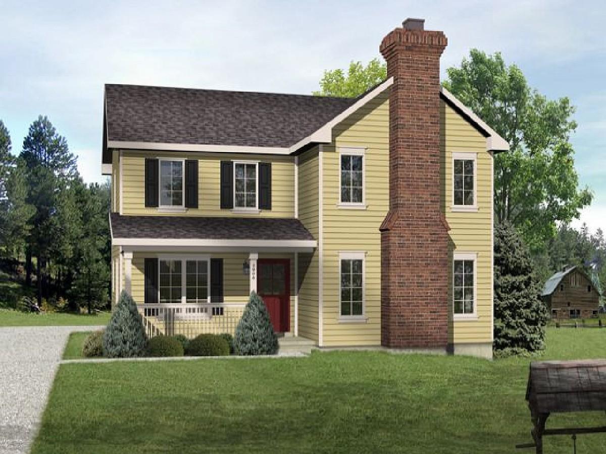 Two-story house plan exterior with a covered porch, prominent brick chimney, and traditional gabled rooflines.