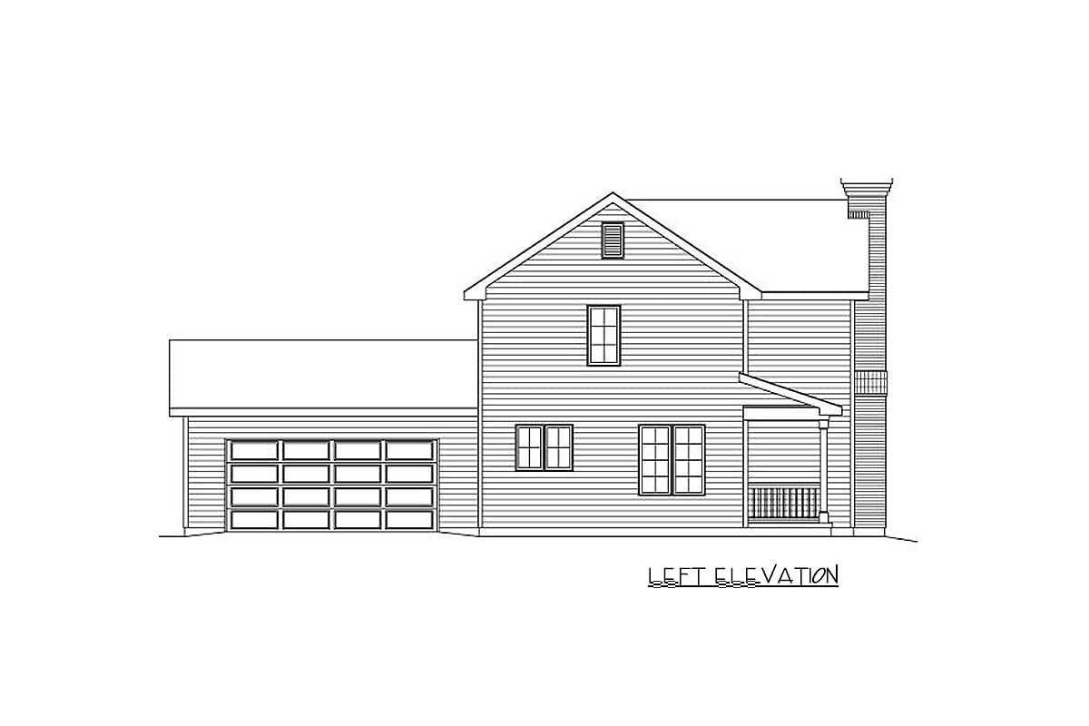 Left elevation of a two-story house plan with a side-entry garage, gabled roof, dormer, and covered porch.