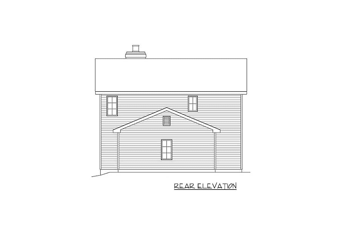Rear elevation drawing of a two-story house with a gable roof, chimney, and multiple windows.