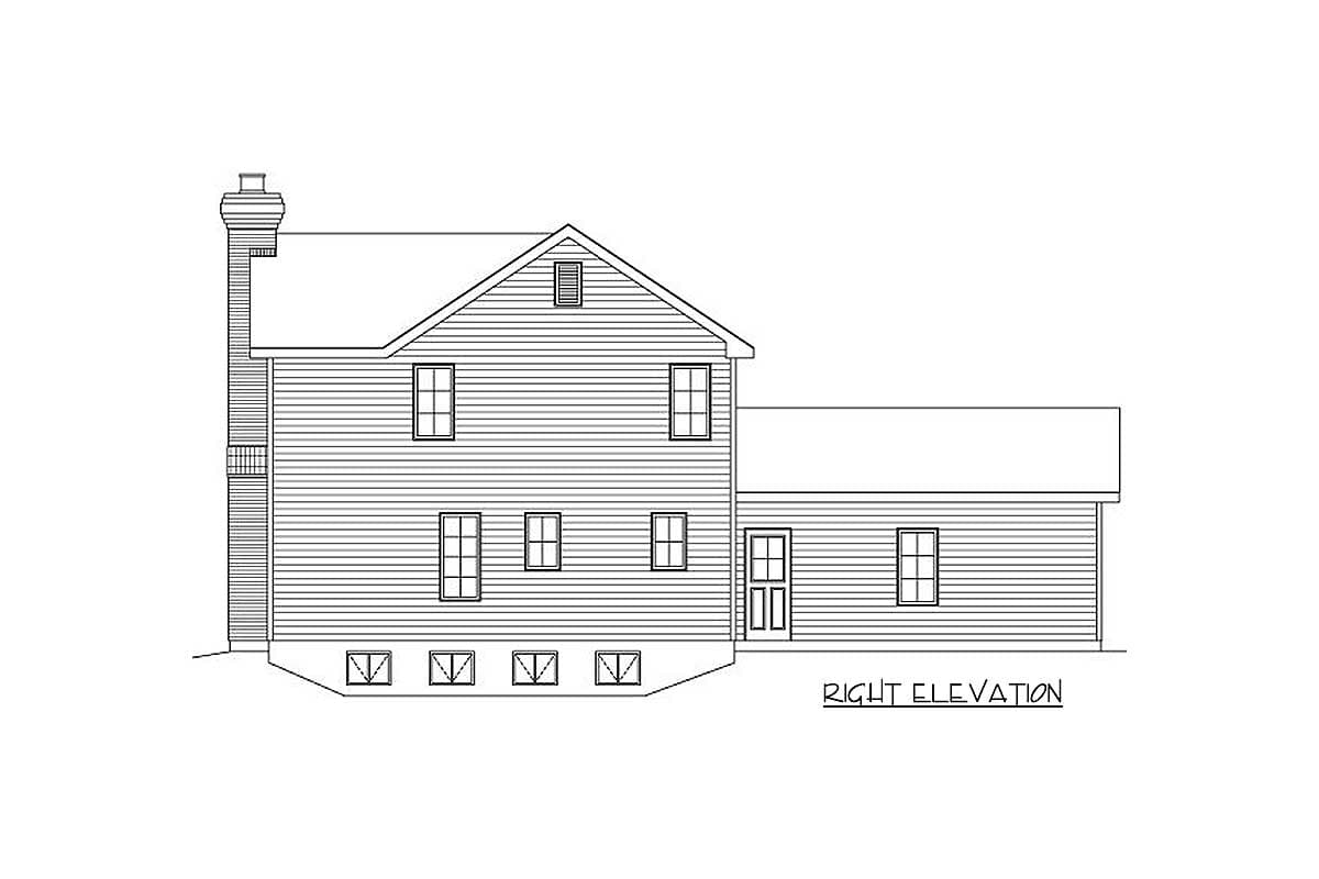 Right elevation drawing of a two-story house plan with a prominent chimney, gabled roof, and attached garage section.