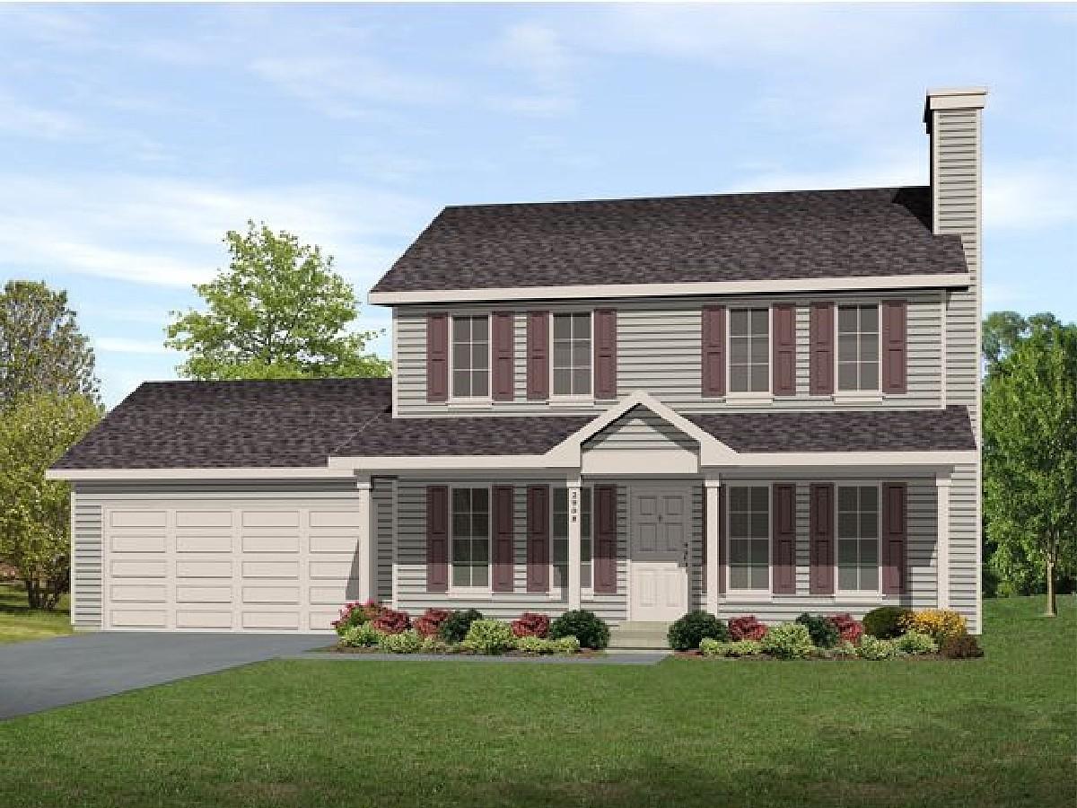 Two-story house plan exterior with attached garage, covered front porch, gable rooflines, and prominent chimney.