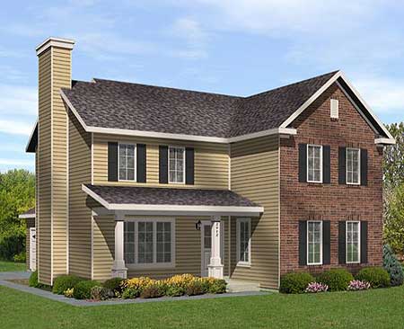 House plan exterior: Two-story home with siding, brick facade, prominent chimney, and covered front porch with columns.