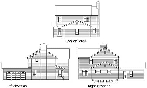 Architectural house plan elevations: rear, left with garage, and right views of a two-story home with gabled rooflines.
