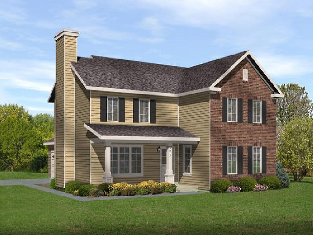 Two-story house plan exterior with a large brick facade, vinyl siding, prominent chimney, and covered front porch.