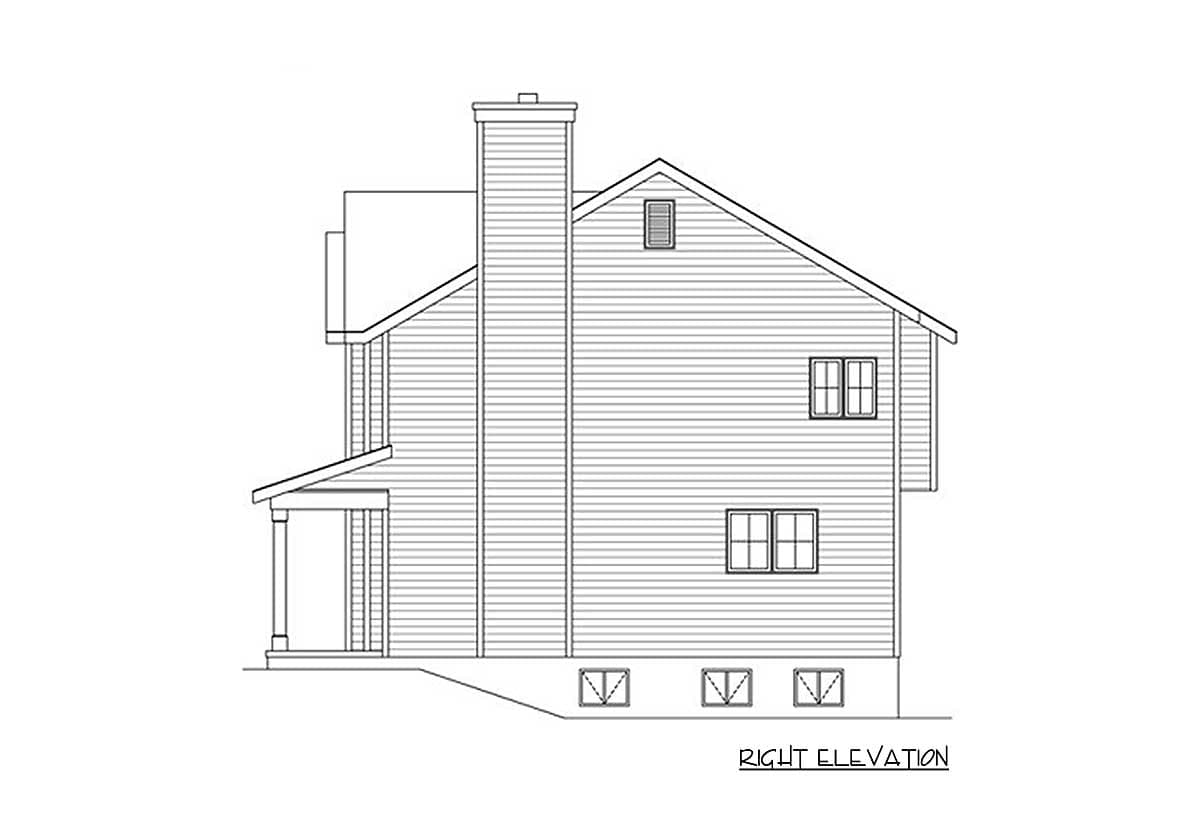 Right elevation house plan showing two stories, siding, prominent chimney, covered porch, and multiple windows.