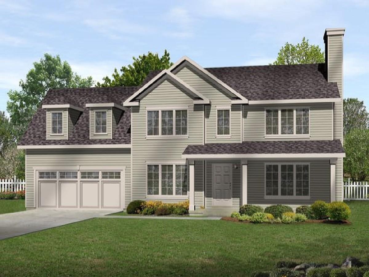 Two-story house plan exterior with a gable roof, dormers, front-entry garage, and covered front porch.