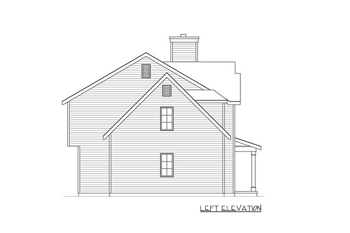 Left elevation house plan shows a two-story home with a gabled roof, prominent chimney, and covered entry porch.