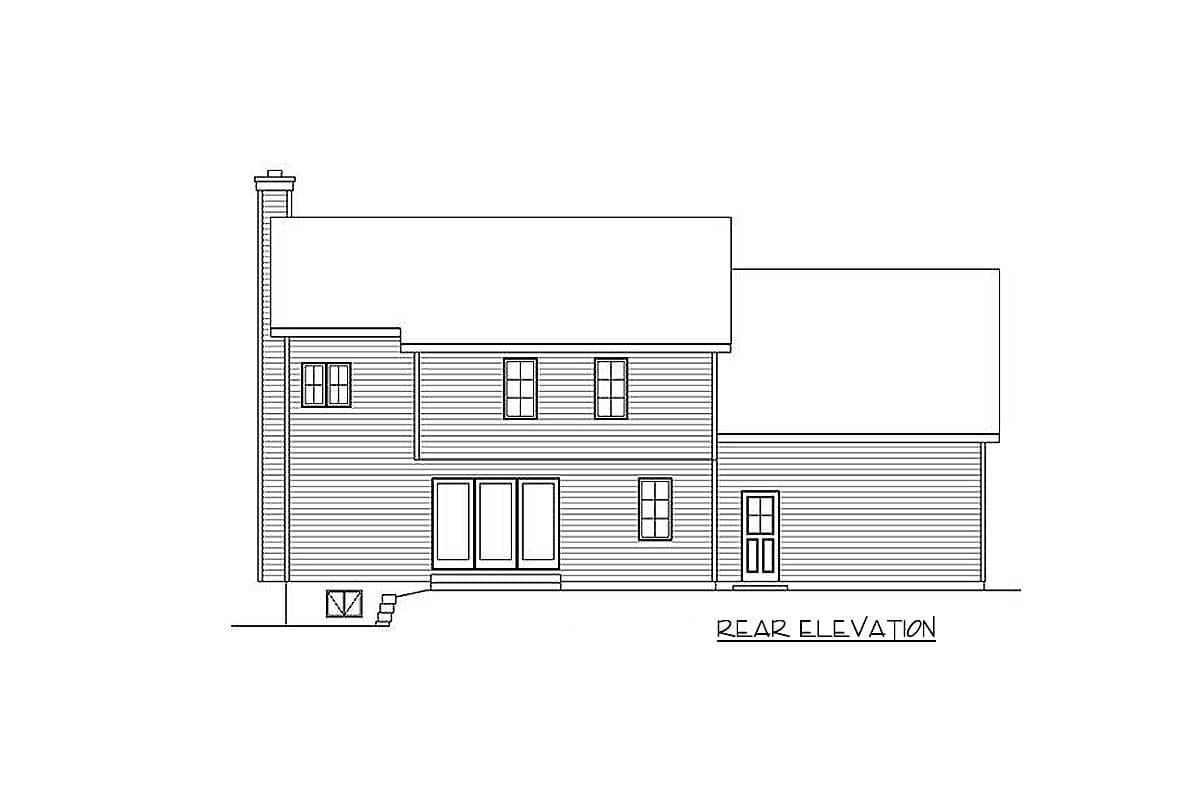 Rear elevation drawing of a two-story house with a chimney, multiple windows, and a double door.