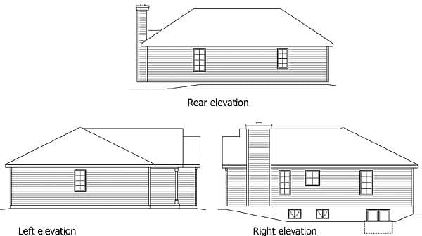 House plan rear, left, and right elevations showing a single-story home with a prominent chimney and gabled roof.