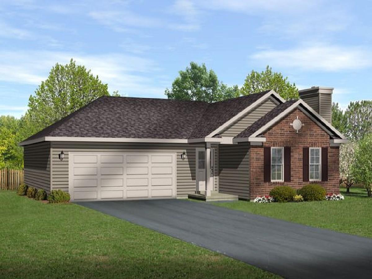 House plan exterior: one-story ranch with brick front, vinyl siding, double garage, and gabled roof.