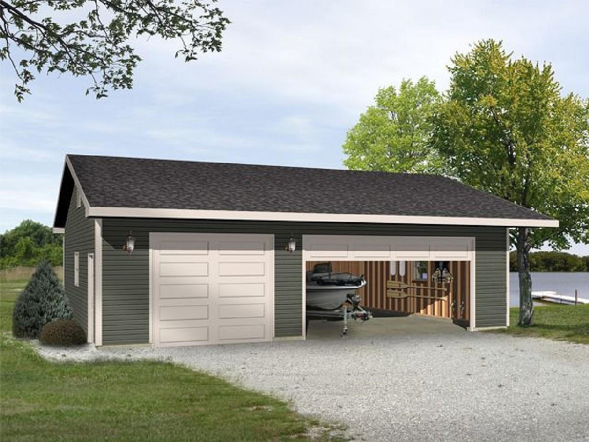 House plan exterior: Two-car garage with a boat inside, one closed bay, and a steep gable roofline.