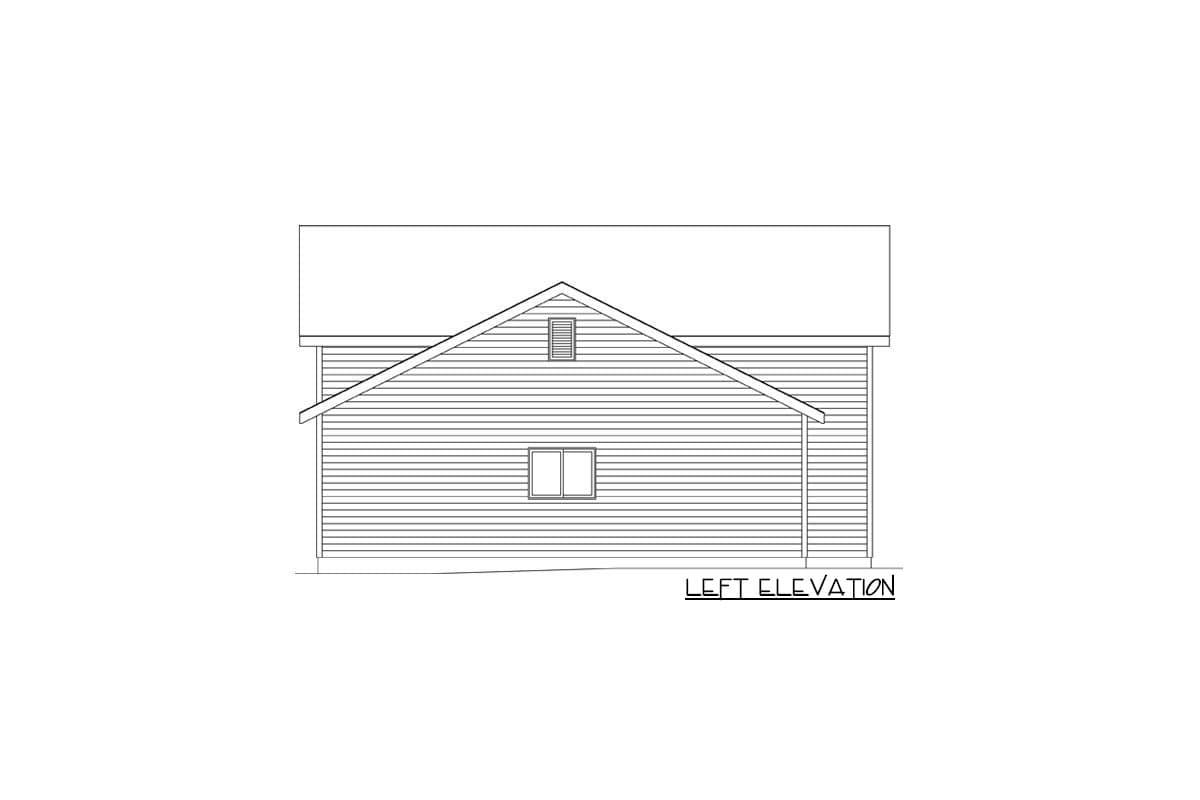 Left elevation drawing of a house plan with horizontal siding, a gabled roof, and two windows.