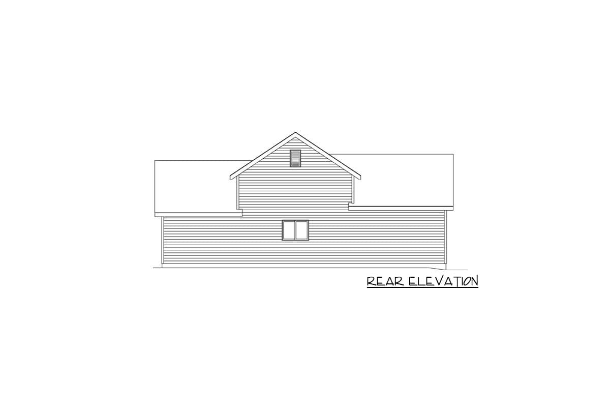 Rear elevation drawing of a two-story house with horizontal siding, a gable roof, and two windows.