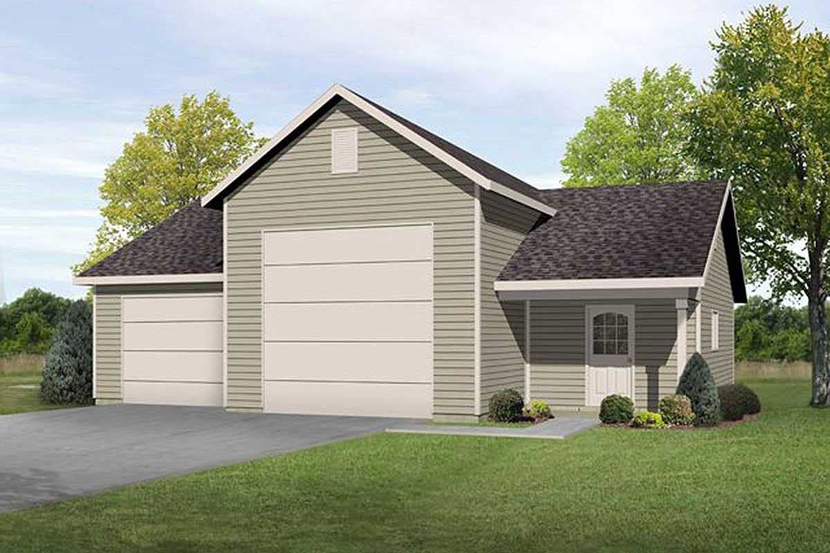 House plan exterior showing a two-car garage and a one-car garage, with a gabled roof and a covered entry with a paneled door.